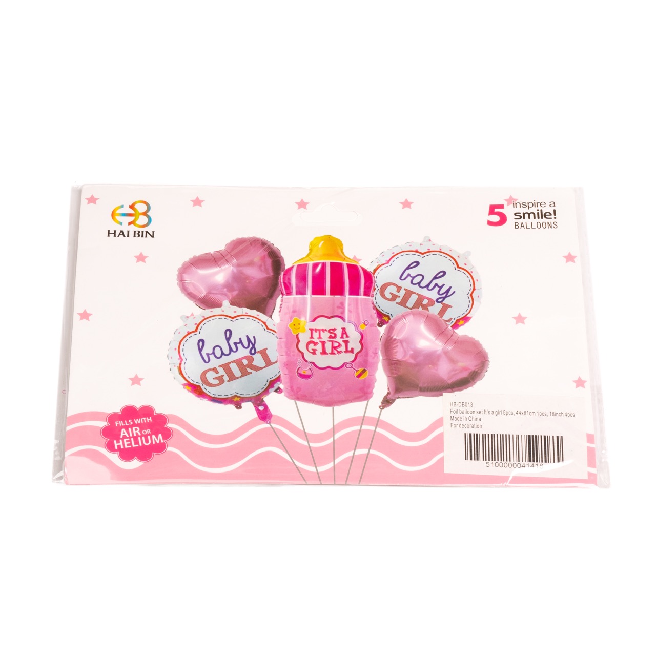 Foil balloon set It's a girl 5pcs, 44x81cm 1pcs, 18inch 4pcs